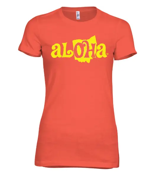 Aloha Oh Women’S Fitted Shirt – Coral Base With Yellow Logo 1