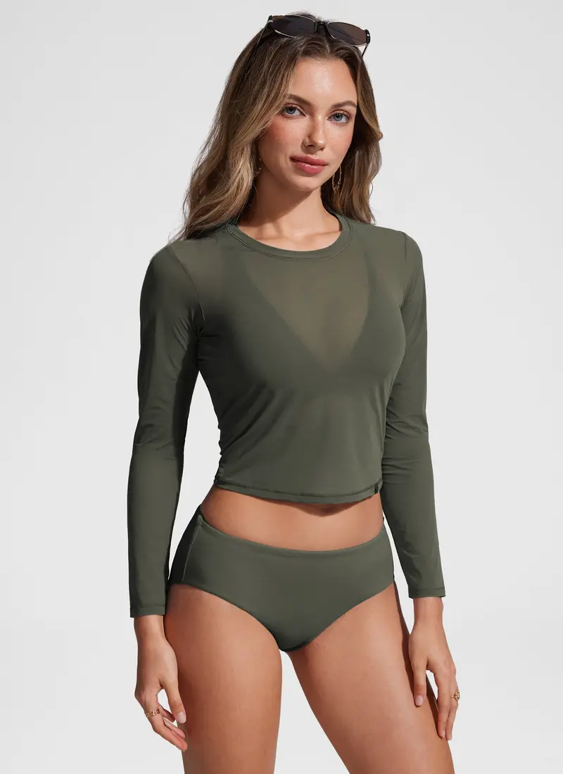 Sheer Mesh Cropped Cover-Up With Long Sleeves 1